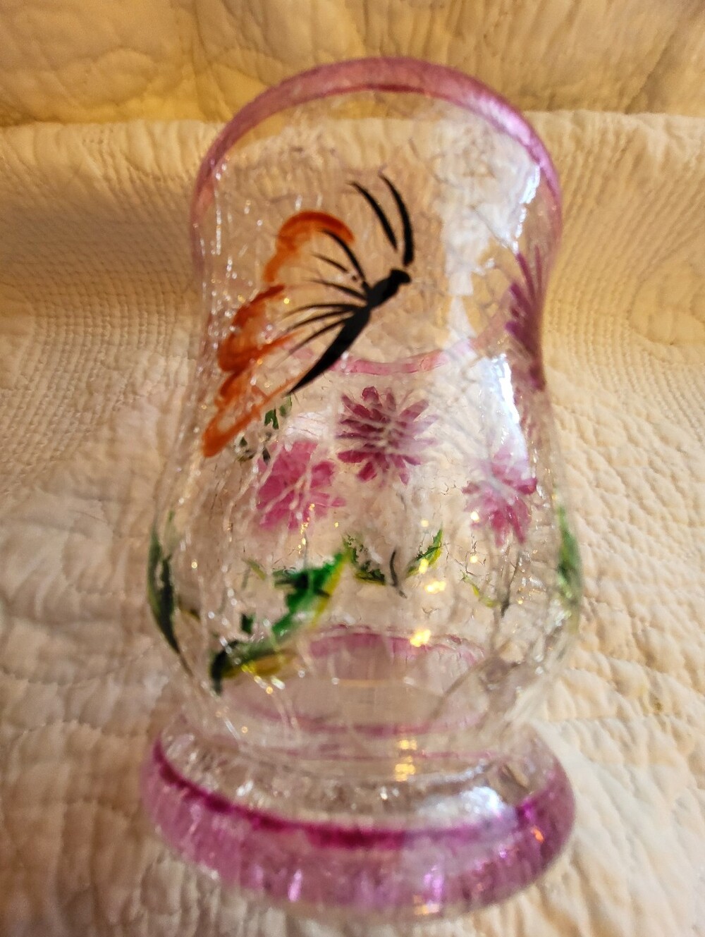 Hand-Painted Pink Floral Crackle Glass Vase - Picture 6 of 12